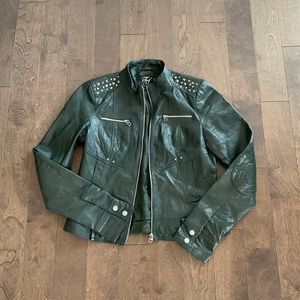 Vegan Leather Jacket - Unique Dark Green Colour with Silver Hardware